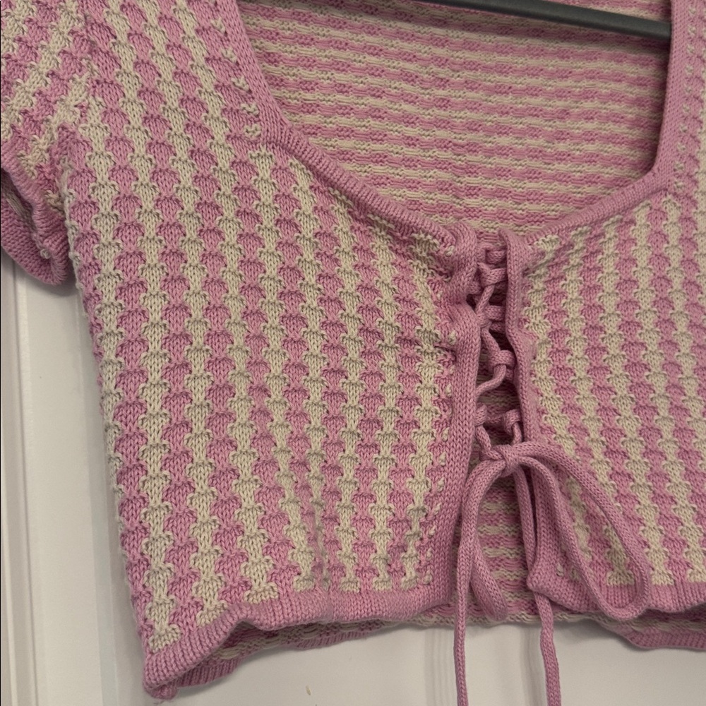 Pink and Cream Knit Square Neck Girly Sweet Crop Top - Picture 2 of 5